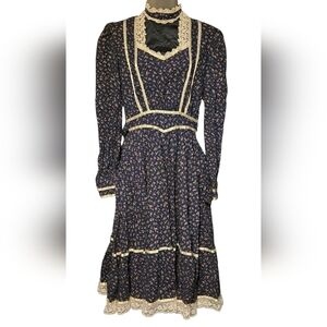 Vintage Gunne Sax by Jessica Dress Floral Lace Trim High Neck Prairie SZ 11